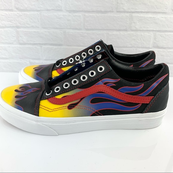 NEW! Vans Old Skool Racer Blk/Red Blue Flame Leather Shoes - Picture 4 of 16